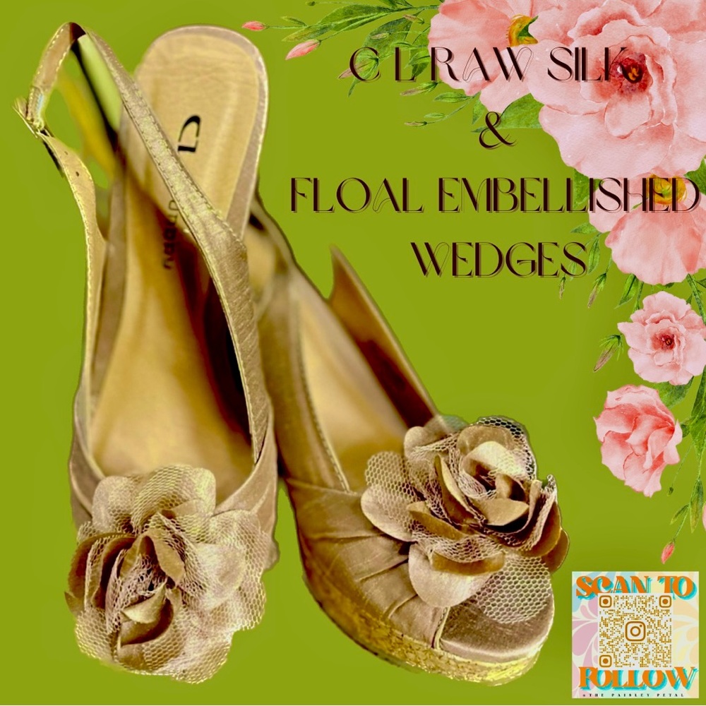 CHINESE LAUNDRY RAW SILK AND CORK PLATFORM WEDGE SANDALS - Picture 1 of 7